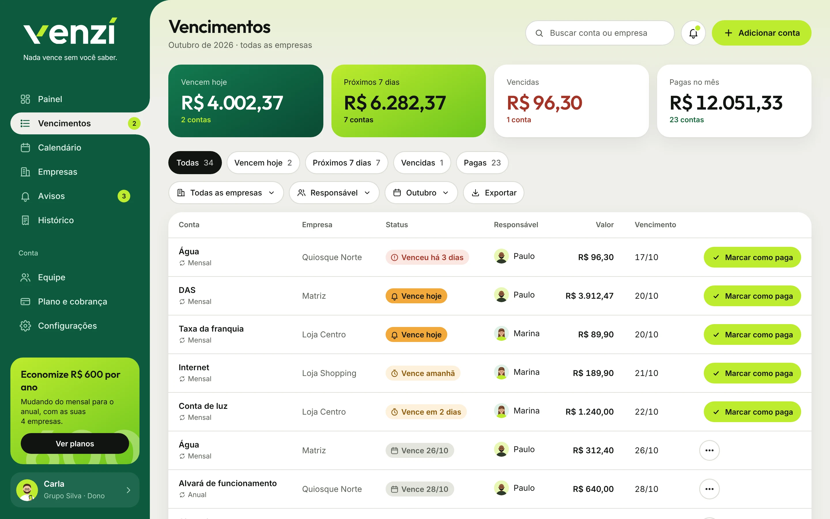 Lista de vencimentos da Venzi com filtros, status e botão Marcar como paga